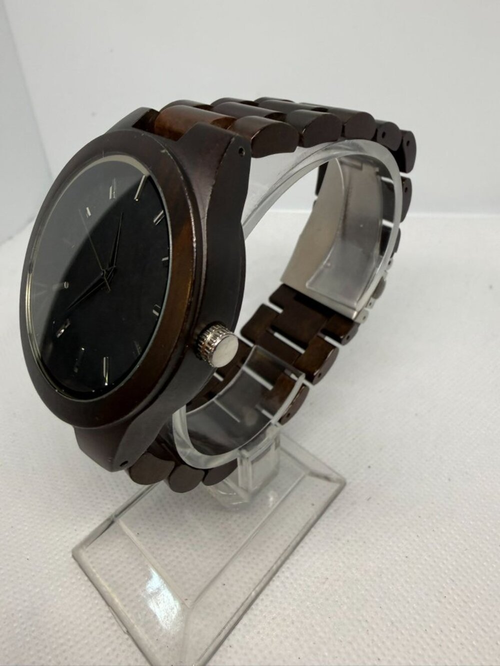Men's 44mm Dark Sandalwood Wooden Watch Japanese Quartz Minimalist Baton Dial - Picture 3 of 11